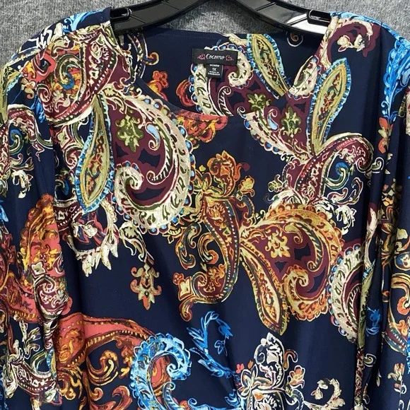 Cocomo Top Womens 1X Blue Paisley Artsy Tie Front Stretch Flowy Popover Office - Picture 3 of 9